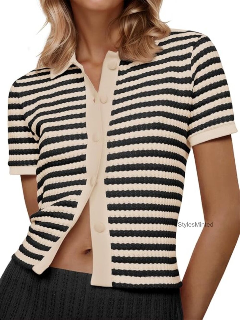 Women's Striped Short Sleeve Polo Collared Button Crochet Cardigan Sweater Top